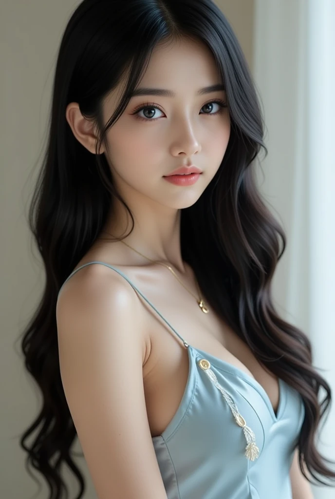 see-through, nightgown, Asian Beauty，((Visible cleavage)), ((I-type Valley)), The warm sunset rays fell on her，There is a tranquil lake behind，In the distance are the rolling mountains。She sat gracefully on the stone steps，Stretch your legs forward，One hand behind the back，The body leans back slightly，Head slightly tilted to one side，Show a charming smile。The skirt flutters gently in the wind，Adds a touch of fantasy。Her face is delicate，Under the long eyelashes are a pair of bright big eyes，The corners of the mouth slightly raised，Appear gentle and confident。Her long hair was casually draped over her shoulders.，A few strands of hair fluttering gently in the breeze。The diagonal composition makes the picture more vivid，The foot is in the lower left corner of the screen，The body and gaze extend to the upper right corner，Creates an elegant diagonal visual effect。