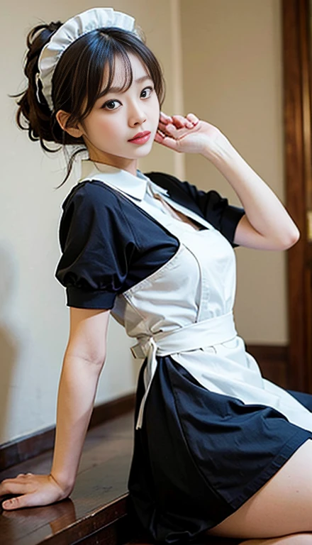 highest quality, masterpiece, Ultra-high resolution, (Realistic: 1.4), RAW Photos, 1 girl, British maid, Ruffled Maid Headband, ponytail, Braided hair, Victorian style black dress, Ribbon tie, White apron, Long skirt, Puff sleeves, White silk stockings, Black strap shoes, Glowing Skin, Stand politely with your legs straight, Corridor with dark green and gray wallpaper, Sitting in a stately mansion