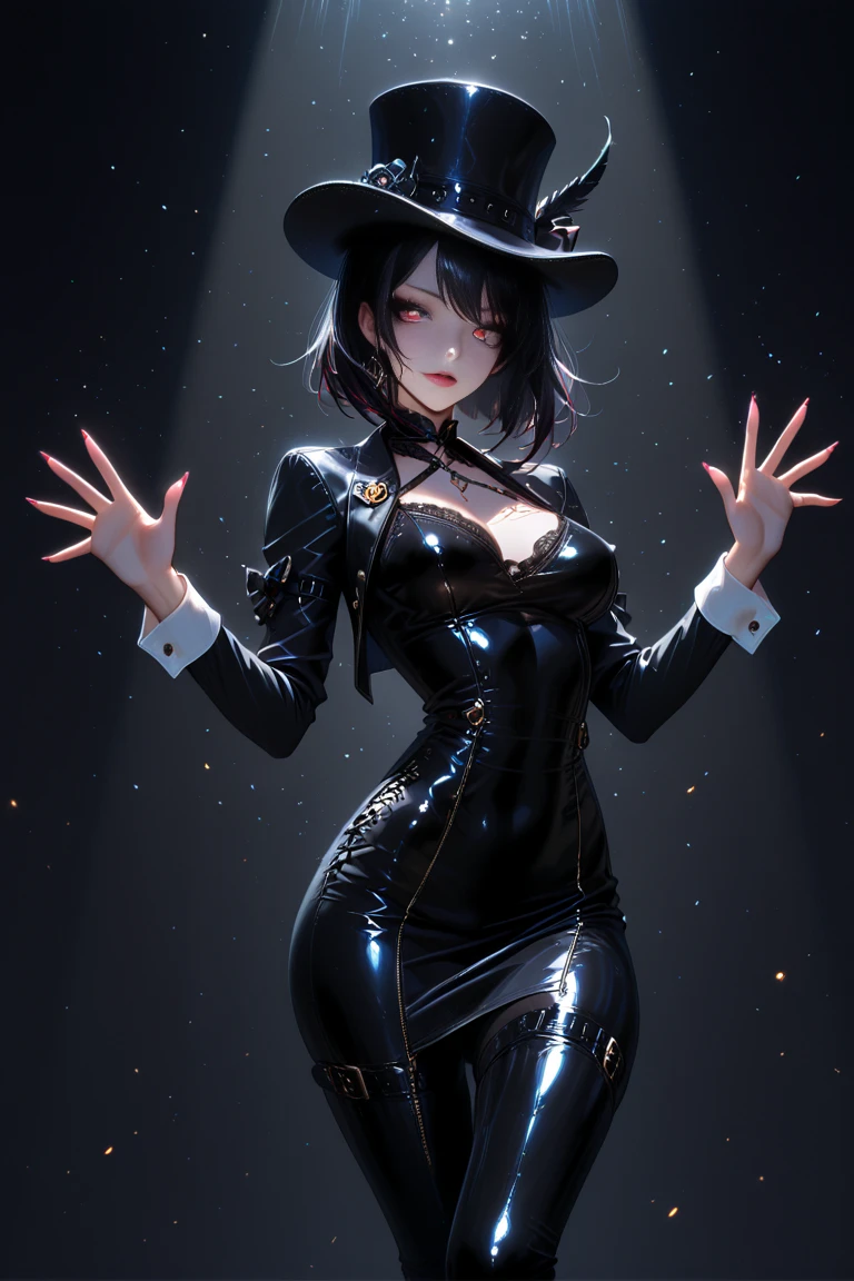 1 girl, she is wearing a black long dress that fits her figure in the style of the 60s, the dress shines like a thousand diamonds, the girl’s short black hair is styled in small waves in the style of Marilyn Monroe, the girl has a long cigarette in her hand, full body, confident look on her face, half-lidded eyes, and her hands are elegantly decorated with long  translucent black gloves above the shoulders, on the girl’s head a black hat with a long rim, an atmosphere of luxury, red scarlet lips, red furniture