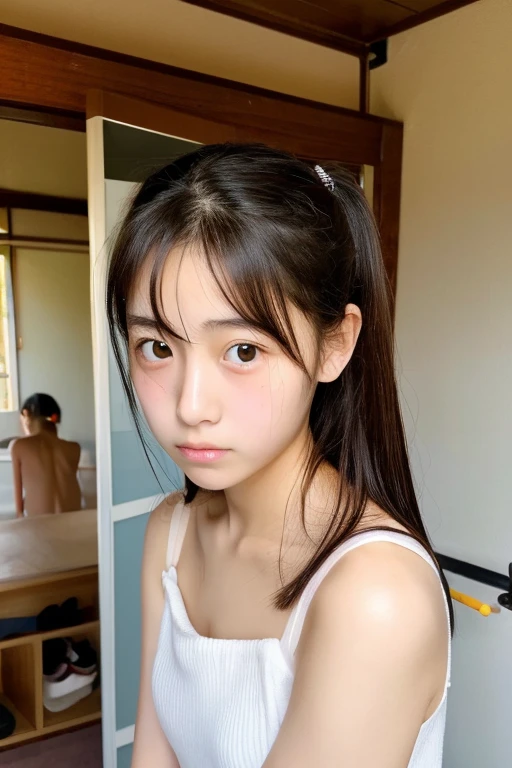 ((Highest quality)), ((Photo quality)), (detailed), Perfect Face,12 years old,Upper Body,Thin arms,White skin,bed,Thin camisole
