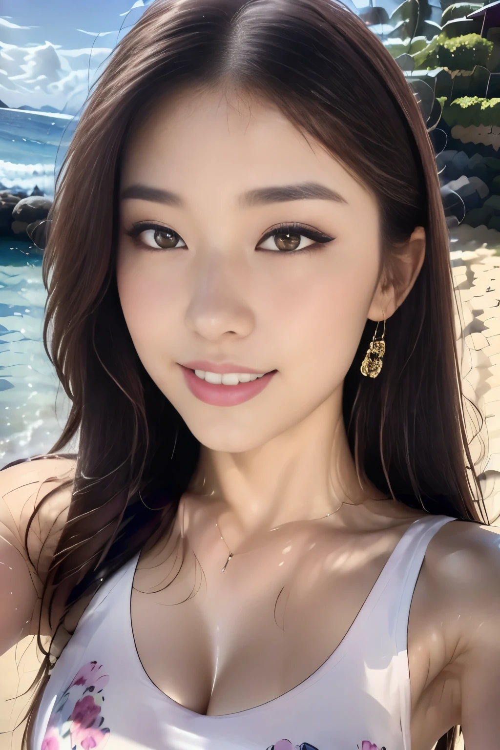 ((highest quality, 8k, masterpiece :1.3)), One Girl, ,A very attractive smile:1.2,, Red lipstick:1.2,Slim face, Big Breasts:1.3, Saggy breasts:1.2,Detailed face, double eyelid, Hawaii,At the Beach,,Looking into the camera,good,((Red Micro Bikini)),(masterpiece: 1.3), (Maximum resolution: 1.4), (Ultra-high resolution: 1.2), Cinematic Light, Ultra-high resolution, (Detailed eyes and skin), (Features of Detailed face), 8K resolution, Perfect Style, beautiful 、Light brown hair,Straight Long Hair,175cm,From above