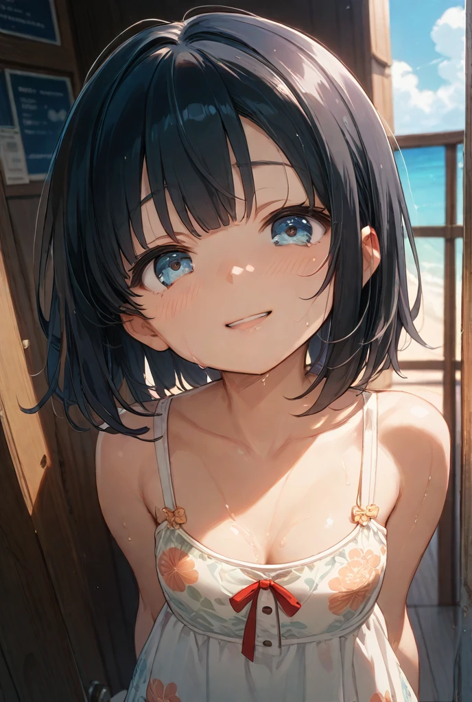 score_9, score_8_up, score_7_up,source_anime, fullbody, high res image,masterpiece,best quality,boy,cute face,clear skin,simple background,black hair,medium hair, bob cut, blue eyes, bikini