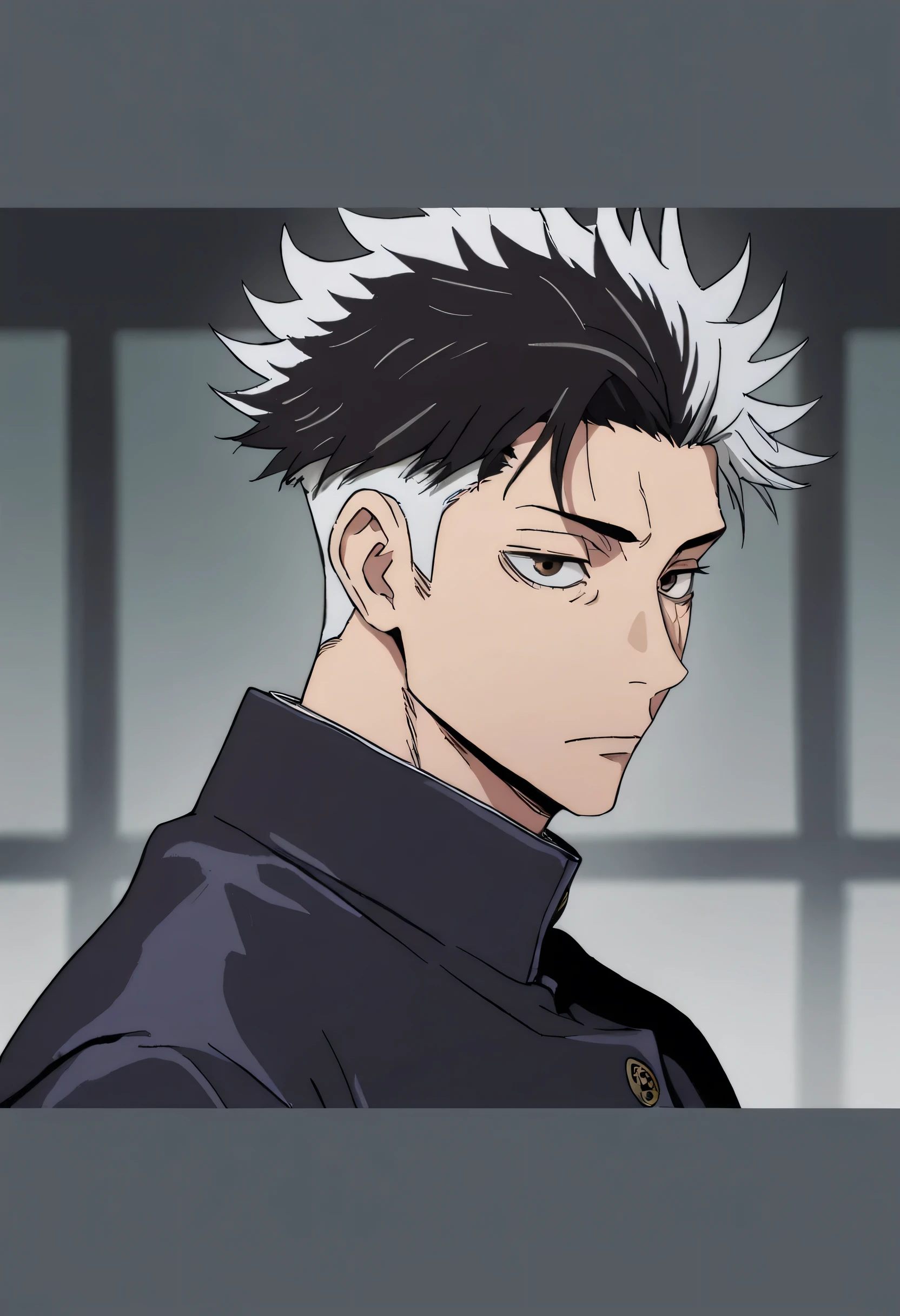 High resolution, masterpiece, Precise, the best quality , very aesthetic, 1 boy, Alone, Jujutsu Kaizen academy uniform, Jujutsu kaizen style art, Jujutsu Kaizen academy background, black hair with large pieces of white hair, brown eyes, sullen expression