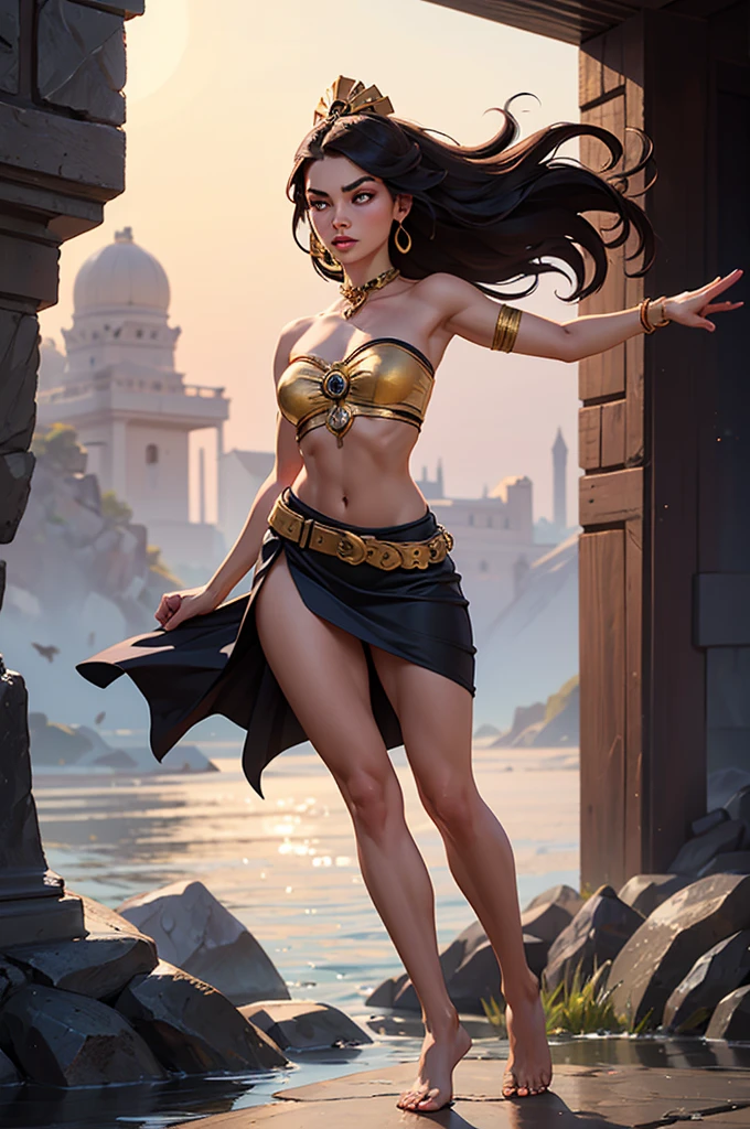 "3D Arabian dancer in a captivating and seductive costume gracefully posing amidst ancient ruins."