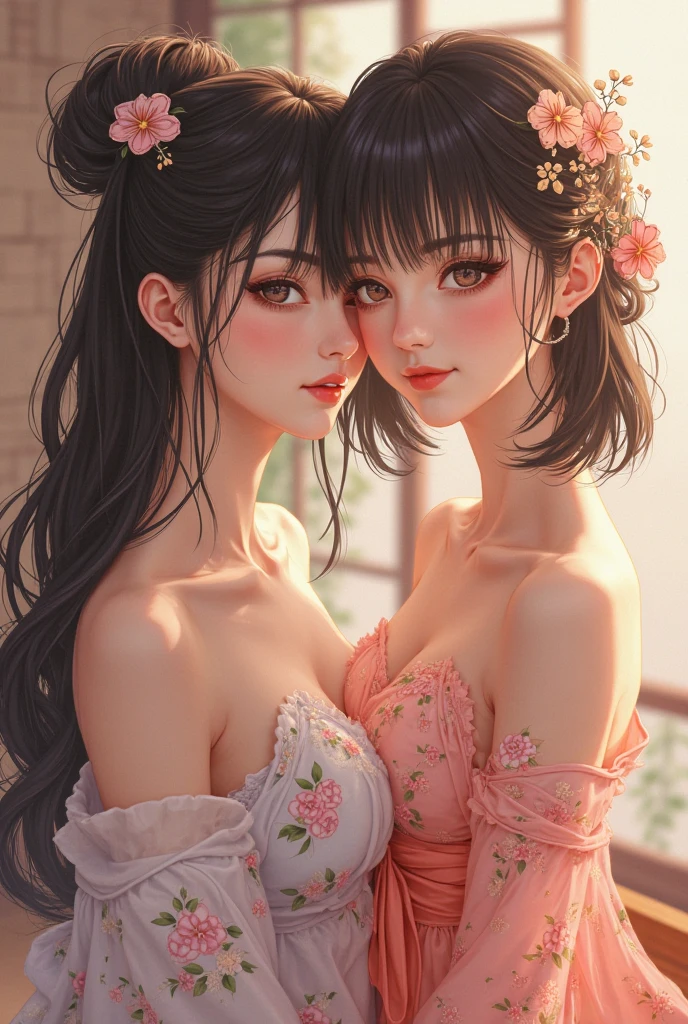 ​master piece,hyper qualit, ultra - detailed,Perfect drawing,A high resolution、２Kizi、Japan idol、Student clothes、Look at each other from the front、((Kiss))、(((French kiss)))、hugging eachother，As if pushing each other、Staring at each other、Moist eyes、half-open lips、Beautiful、Red blush(0.2)、Functional、seductiv、Trance、instigate、Beauty、bustup、Shunguang、、Shoot diagonally down from the front、precise drawing、Detailed drawing、Precise anatomy、dress room、beatiful background