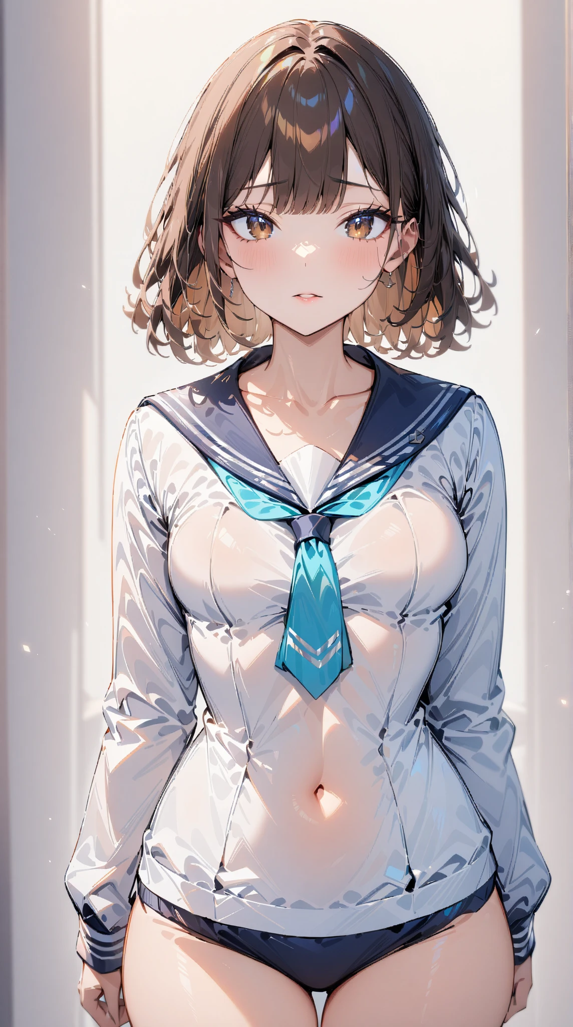 1 girl, bob, center part, forehead, brown hair, piercing, brown eyes, (blush:1.2)
BREAK (masterpiece), (high resolution 8K), cinematic lighting, professional lighting, detailed eyes and face, detailed body,
BREAK nsfw, revealing serafuku,