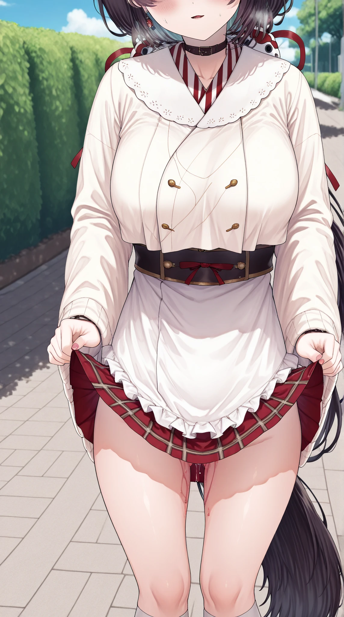 Big Breasts:1.5、、highest quality、Very detailed、Highly realistic eye masterpiece、highest quality、Very detailed、Gray Hair、Perfect Face、Long Hair、White Dress、Sundress、anime、countryside、clear、thin、Frills、Pussy、真From below、Love juice、Big Breasts、nsfw、crowd、A large number of people、Urinating、White Stockings、vaginaにバイブ挿入、Vibrator Masturbation、Small vibrator、vaginaにバイブを挿入する、vagina、Vibration line、Vibrator sex、Sex with a vibrator、All the vibes are in、Long skirt、Wearable vibrator、From below、city、crowd