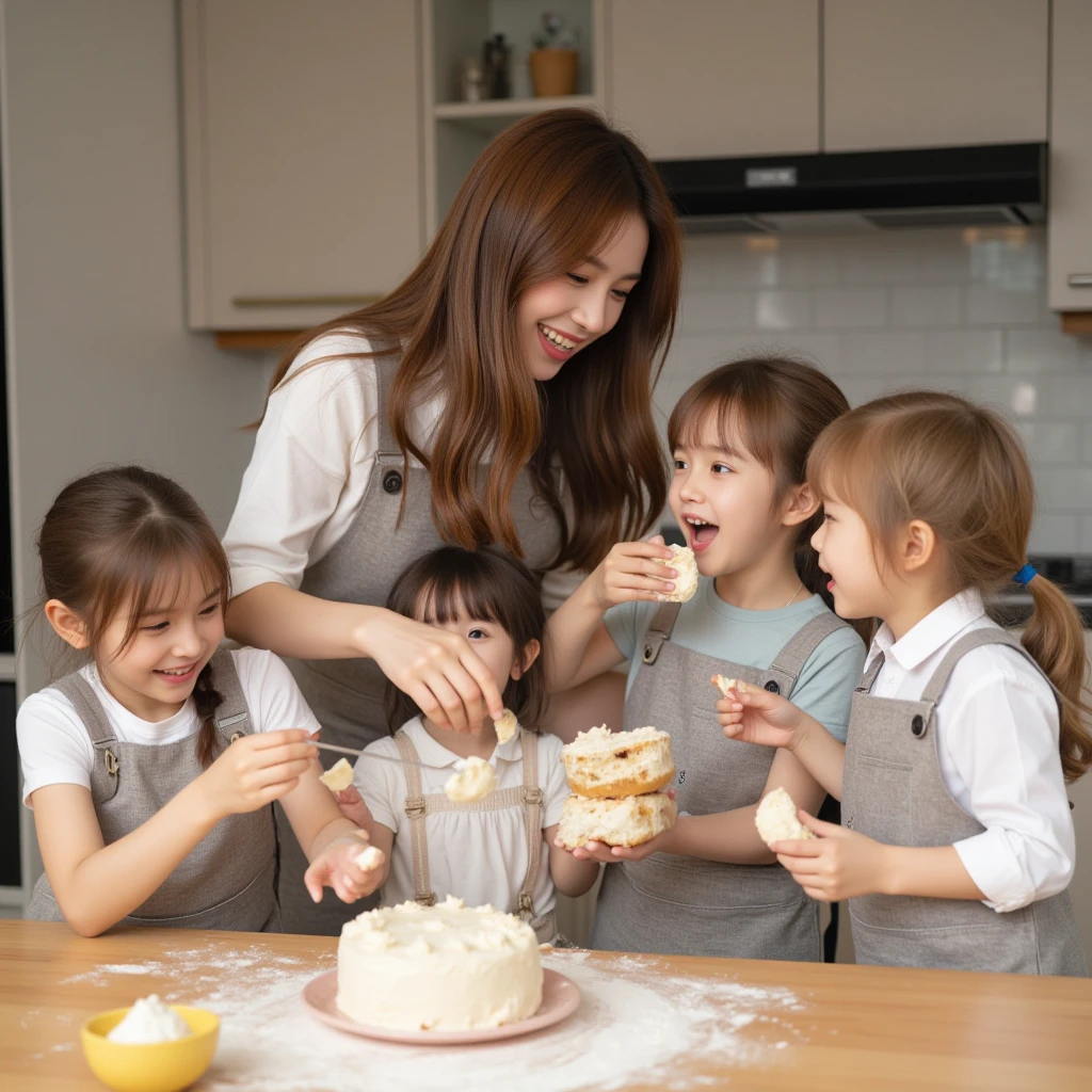 Asian family making cupcakes in the kitchen, family of 4, including baby and adult, a boy and a girl, making cupcakes, cupcakes, kitchen scene, high detail, real photo economic, wide frame, bright and wide scene, white tones, modern kitchen, Asian family baking in the kitchen, family of 4, baking, cupcakes, kitchen scene, high detail, realistic photo, wide frame, light and wide scene, white tones, kitchen modern, wide kitchen background, baking dough, detailed hands, hands with full joints, realistic hands, clear faces