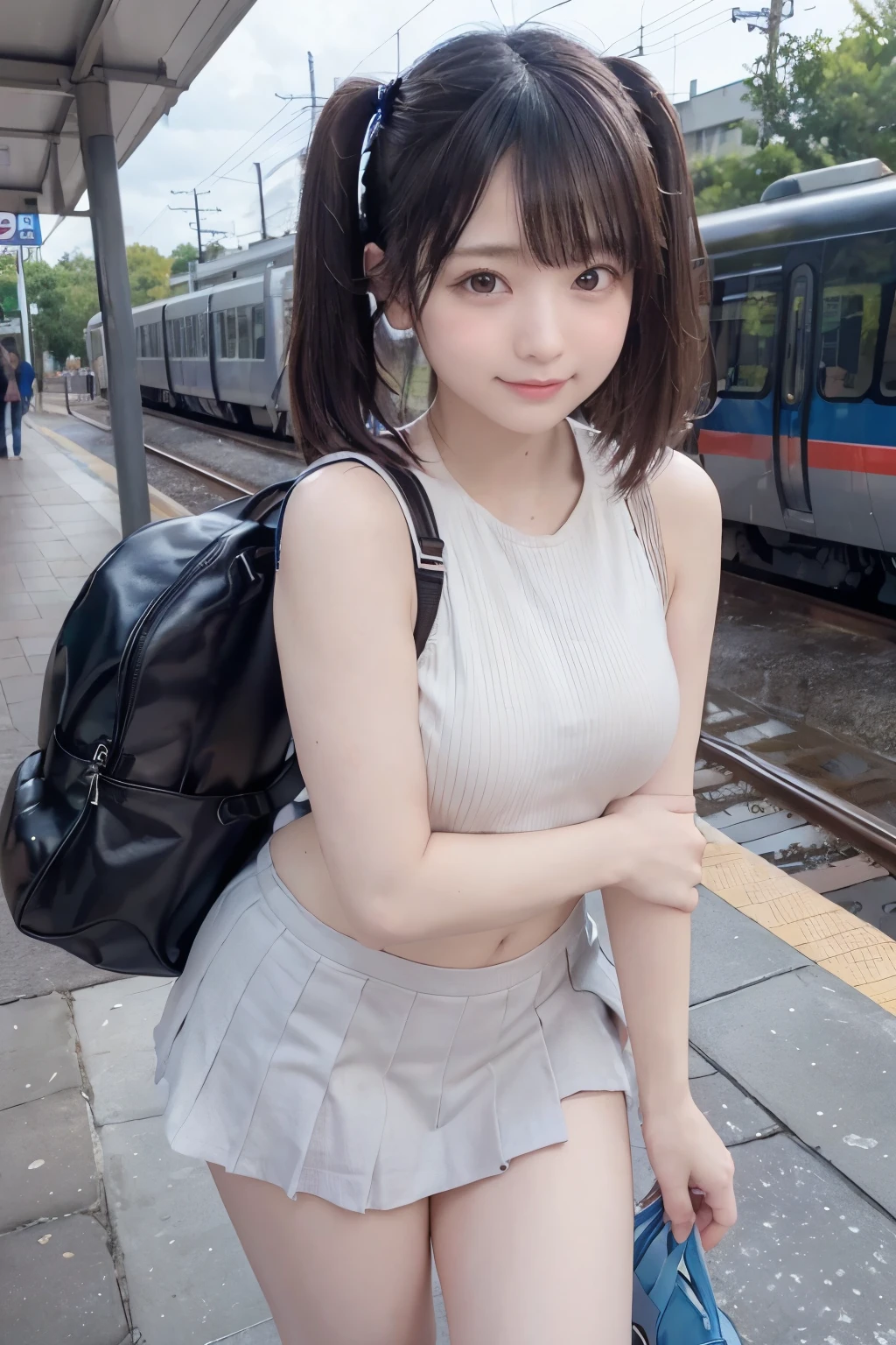 (nsfw),(Masterpiece),(Highest quality),(8k),(Japanese),(Adorable),(Japanese Girls),(10 year old face),((Innocent look)),from the front,smile,Cute Face,(Baby Face),Innocent,Kind eyes,(Topless:1.5),checked short skirt,(Carrying a red backpack),Straight hair,Hair blowing in the wind,Black Hair,Somewhat strong wind,noon,rain,nsfw, (show off nipples:1.3), Small breasts