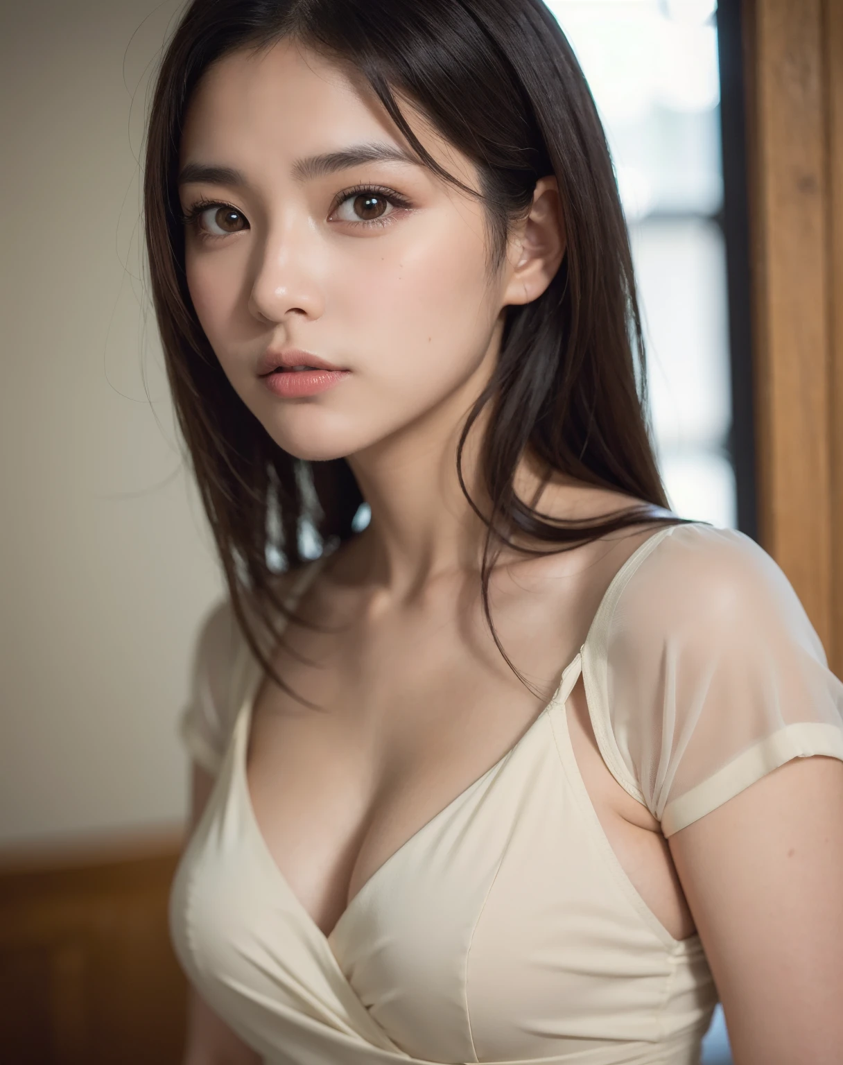 8K, RAW photo, high quality, realistic,natural light, face filling, full body, 20 years old woman, black hair, curly hair, black eyes, small head, perfect chest shape, chest closeup, beautiful eyes, real face, real skin, textured skin, erotic, pantyhose, tease