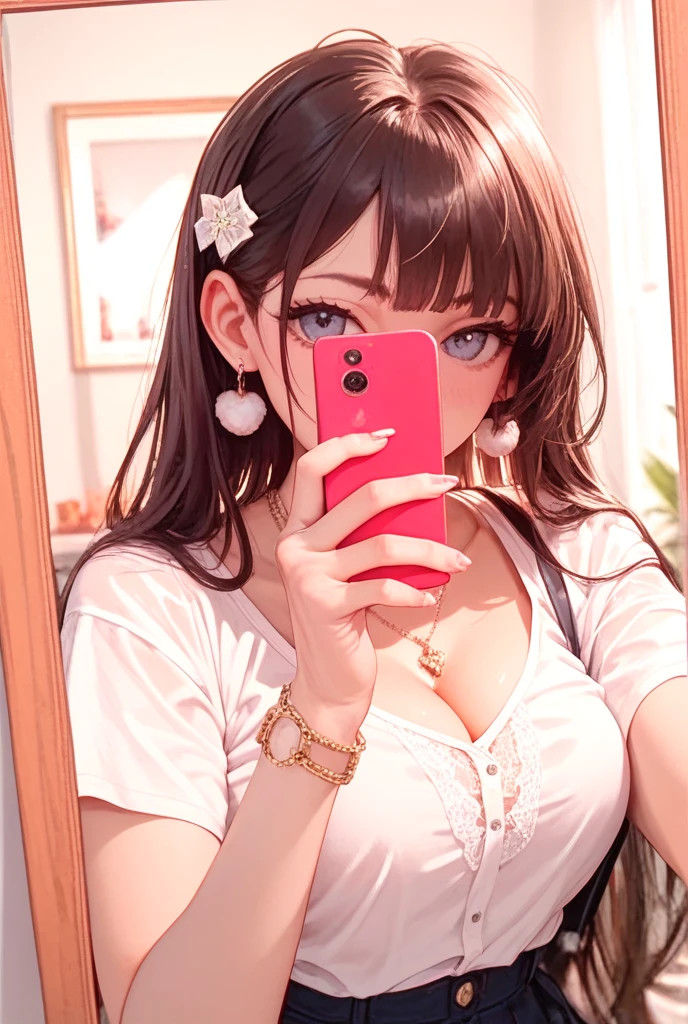 darkskin++, orange hair+++, hair down, pink eyes, big breast++, thick lips, pink bows+, detailed eyes+, (highest quality, amazing details:1.3), (solo:1.3), masterpiece, clevage, masterpiece, juicy lips,cleavage, juicy lips, pink bows, room background+, lingerie+, pink bows+, stand up+, selfie+, mirror+, selfie pic+,