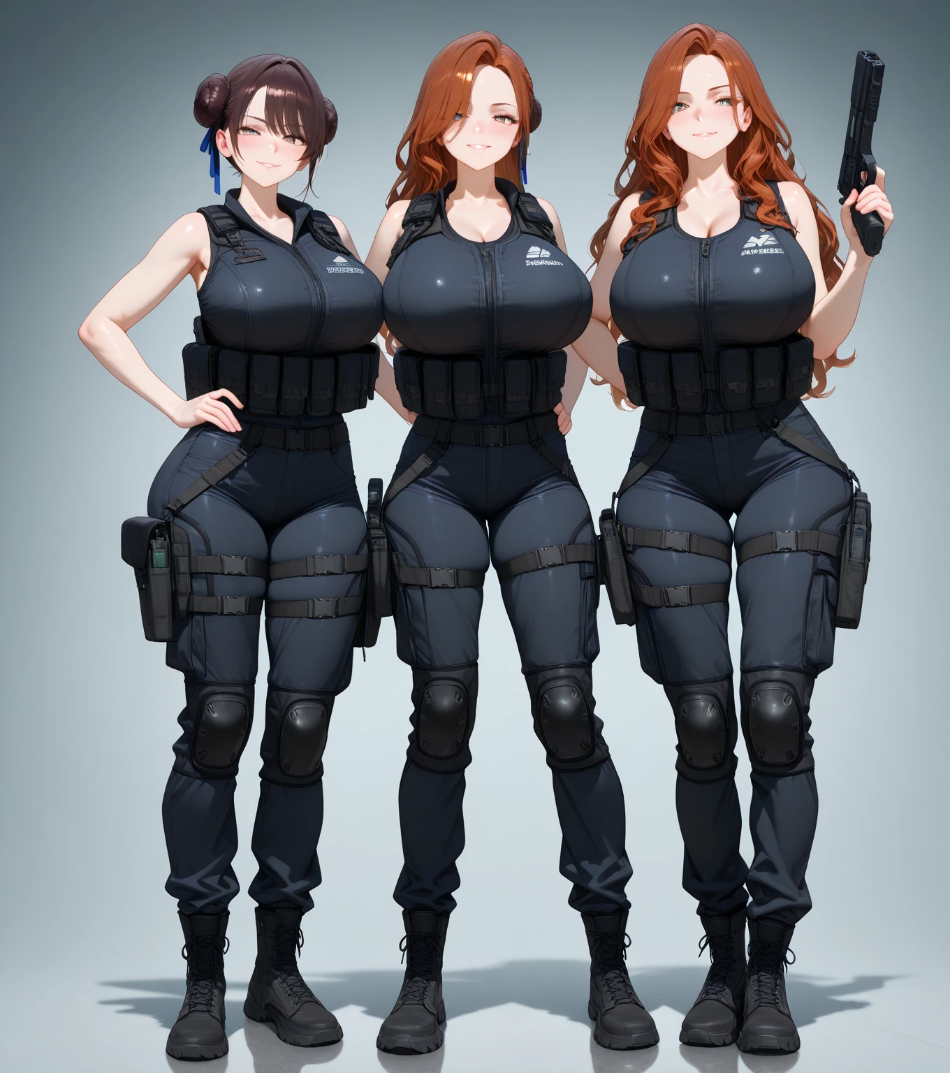 1girl, Solo, Slender, big breasts, beautiful, Young, Little woman, Coveralls,a repairman, tight suit, navel, cleavage, Car, garage, various angles, (front, back, side), character sheet, model sheet, reference sheet.
