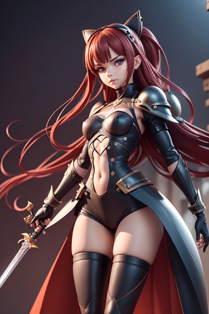 sisro, anime, a woman, long red hair which covering her right eye, green eye, black hair ornament, black adventure exposing body top, midriff, black gauntlets, black shoulder pads, teenie black jeans, black long stocking boots, holding yellow spear, 8k, 16k, trending on pixiv, fanbox, skeb, masterpiece, detailed face, smooth soft skin, beautiful intricate colored hair, digital painting, medieval fantasy background, <lora:sisro:0.4>