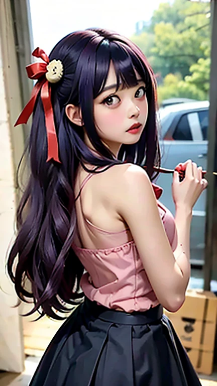NSFW, Illustration of a young woman with long black hair, vibrant red eyes and a flower in the mouth. She is wearing a frilly purple plaid bra and a matching headband.. Her hair is flowing dramatically around her and she is looking up. Anime to reality