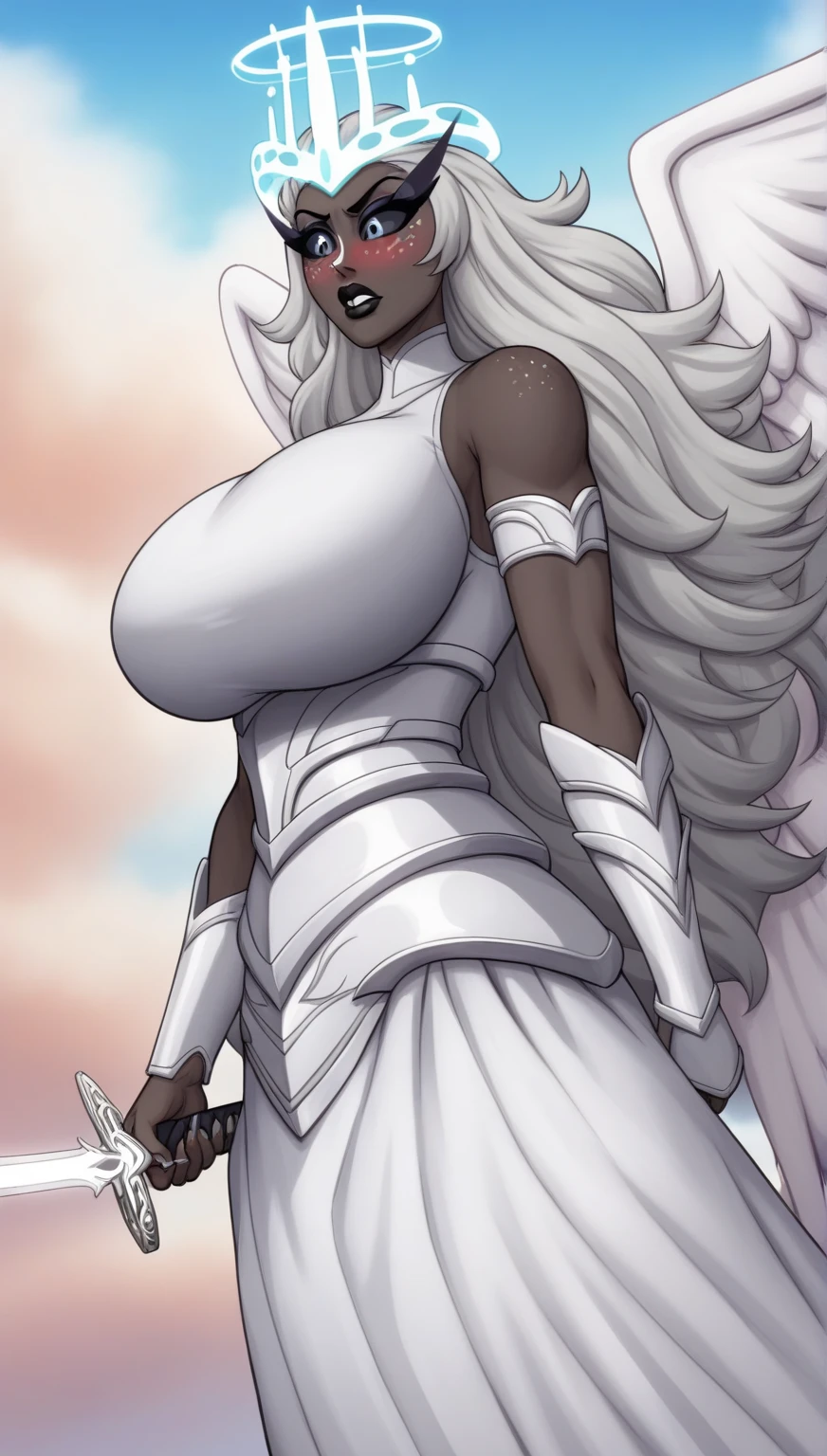 Angel girl with cleopatra white hair whith ponytail, extreme muscular body, erect massive green penis, gigantic breasts, gigantic muscular arms, gigantic muscular tights, halo and white angel wings.