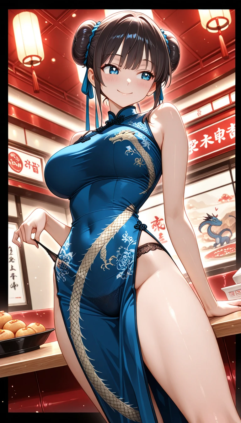(masterpiece:1.3, highest quality, Ultra-high resolution, Super detailed), (Realistic, photoRealistic:1.4), Beautiful illustrations, Perfect lighting, Natural light, colorful, Depth of written boundary, Surrealism, View your viewers, 1 girl, 16 years old, 7 heads, Perfect Face, (Perfect Anatomy), Cute and symmetrical face, Baby Face, Shiny skin, (Ideal body proportions), (Middle Hair:1.5, Side Ponytail:1.2, Blonde), Hair between the eyes, Dark blue eyes, Long Eyelashes, (Large Breasts:1.2, Captivating thighs), thin, Small Ass, thin脚, Beautiful Hair, Beautiful Face, Beautiful fine details, Beautiful clavicle, Beautiful body, Beautiful breasts, Beautiful thighs, Beautiful feet, Beautiful fingers, ((sleeveless blue mini cheongsam dress)), Blue High Heels, (Beautiful views), evening, (bar counter), (smile:1.5, happiness), No clothes, Completely naked.