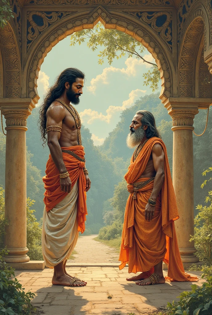 “Indra, the king of the gods, is disguised as an elderly Brahmin with a long white beard and simple robes. He stands in front of Karna, who is still in his warrior attire. Indra is gesturing towards Karna, requesting his golden armor and earrings. The setting is a serene, forested area, with birds in the background, emphasizing the divine nature of the meeting.”