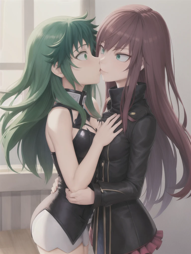 ((4k)), ((best quality)), a caucasian red head women with a red lipstick and short hair and slender body dressed with leather pants and jacket is hugging and kissing a chubby black women with green long hair and green lipstick with a black skirt and black tank top
