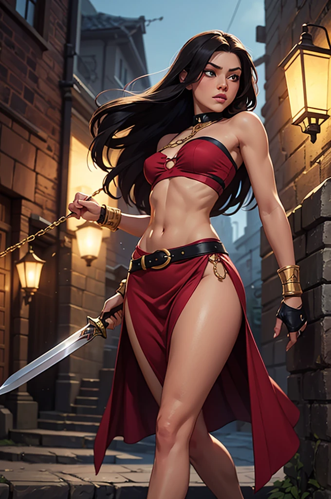 a 3D pixar animation style  model shot of a Vampirella, a exquisite beautiful Vampirella (masterpiece, extremely detailed, best quality) wearing red suit  (masterpiece, extremely detailed, best quality), armed with long sword, white skin, black hair, long hair, red eyes color, jewelry, standing in a modern street detailed background (masterpiece, extremely detailed, best quality), best realistic, best details, best quality, 16k, [ultra detailed], masterpiece, best quality, (extremely detailed), ultra wide shot, photorealism, room is lit with bright light, depth of field, 3D animation rendering,