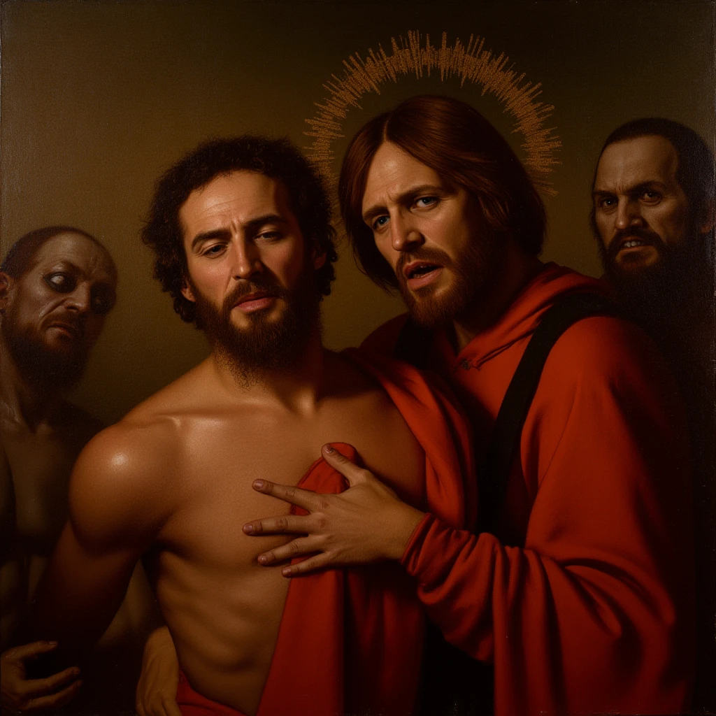 <lora:CARAVAGGIO V1-000002:0.5>, CARAVAGGIO, oil painting, renaissance, group of people, jesus, crown of thorns:1.2