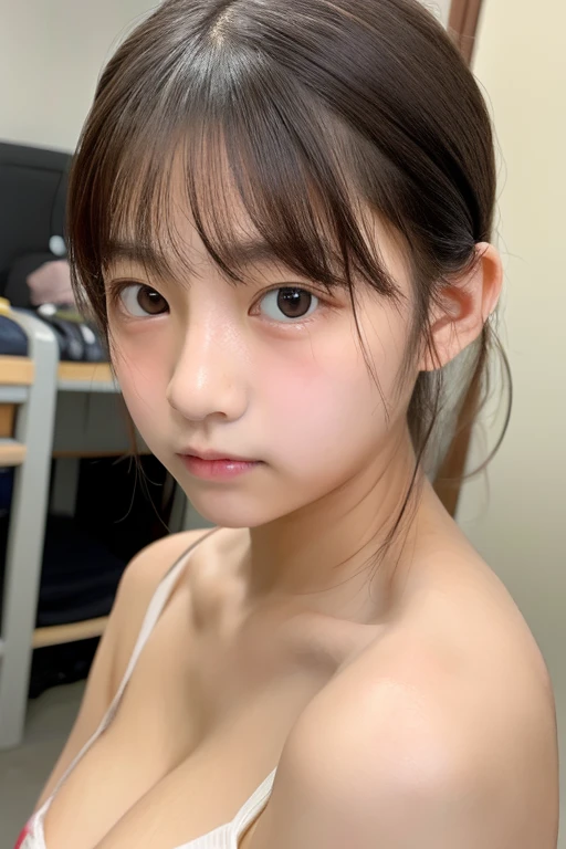 Japanese,6 years old,Baby Face、Ultra-flat chest、Ultra short height、An innocent smile、Flat chest close up、Unrealistic flat chest:1.85、cute,Primary school students,Pink camisole、So small and so young