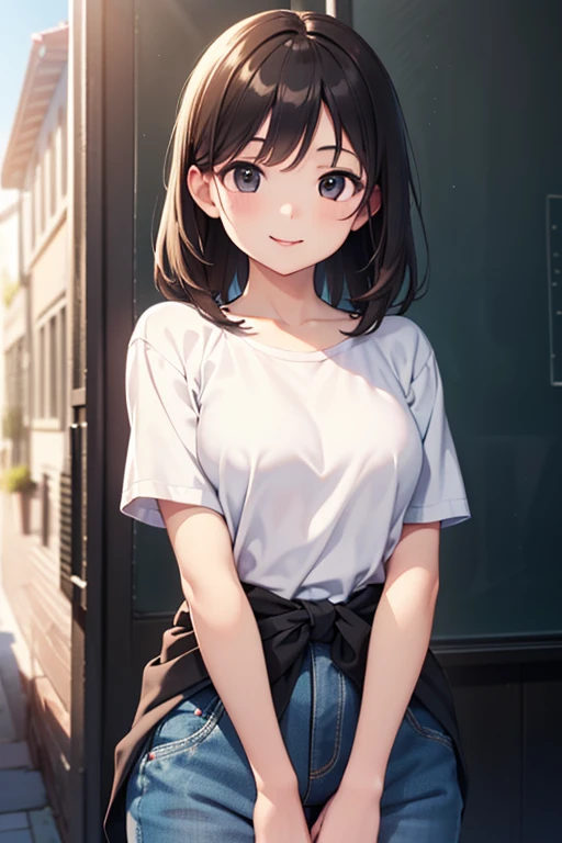 One Woman、 18-year-old girl, 
Medium Hair, flat chest,
Wearing blue plain clothes、bright expression、Town