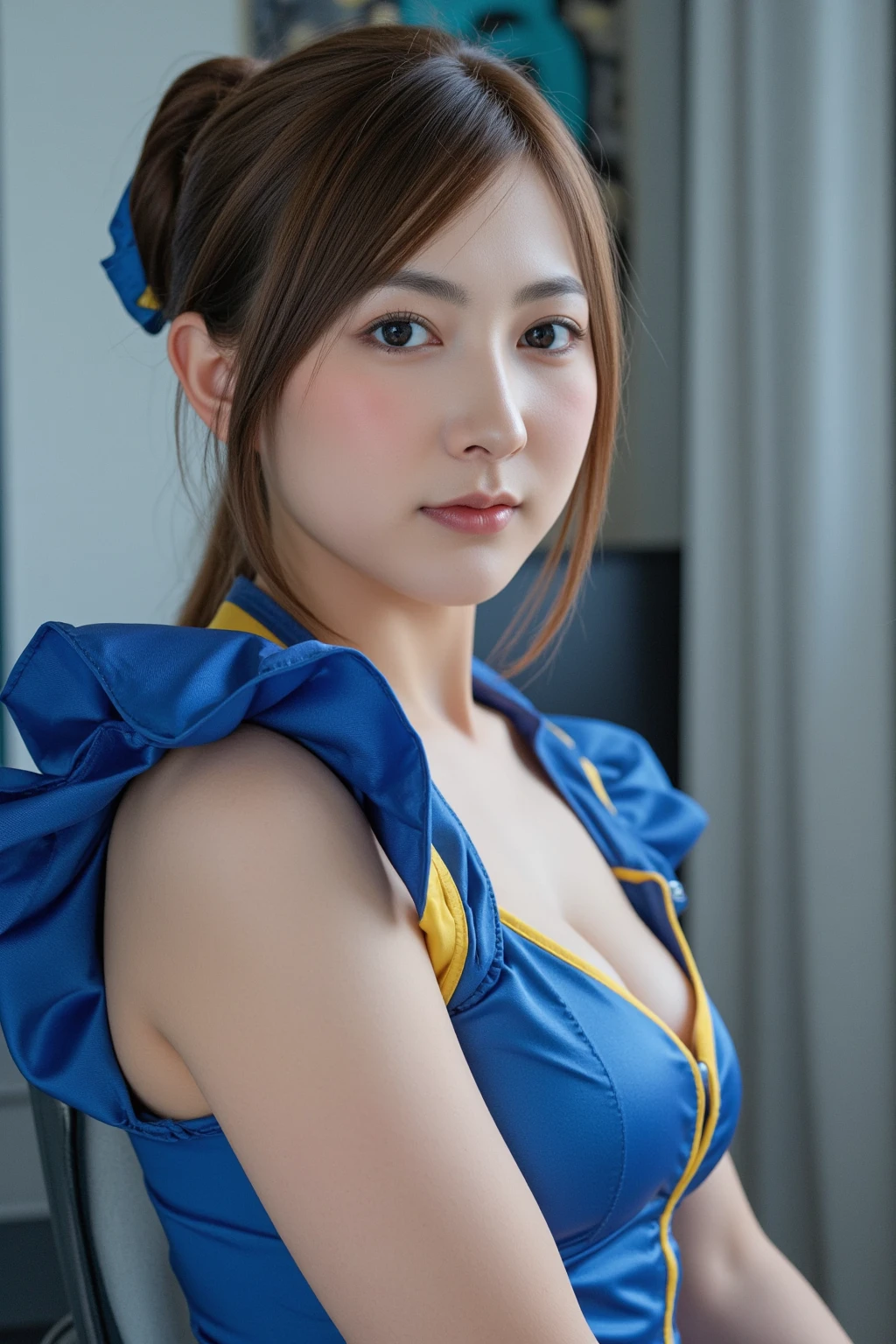 standing, showing her armpits, at veranda, pov from top, (blue playboy bunny, blue pantyhose, blue leotard, rabbit ears, red bowtie, blue footwear, wrist cuffs, high heels), looking at camera, front view, long hair, (detailed face), (showing whole body), mouth closed, black eyes, 1 girl, 20yo,Young female,Beautiful Finger,Beautiful long legs, Beautiful body, Beautiful Nose, Beautiful character design, perfect eyes, perfect face,expressive eyes,perfect balance, (looking at viewer), official art,extremely detailed CG unity 8k wallpaper, perfect lighting,Colorful, Bright_Front_face_Lighting,White skin, (masterpiece:1.0),(best_quality:1.0), ultra high res,4K,ultra-detailed, photography, 8K, HDR, highres, absurdres:1.2, Kodak portra 400, film grain, bokeh:1.2, lens flare, (vibrant_color:1.2),professional photograph, (Beautiful,huge_Breasts:1.4), (beautiful_face:1.5),(narrow_waist)