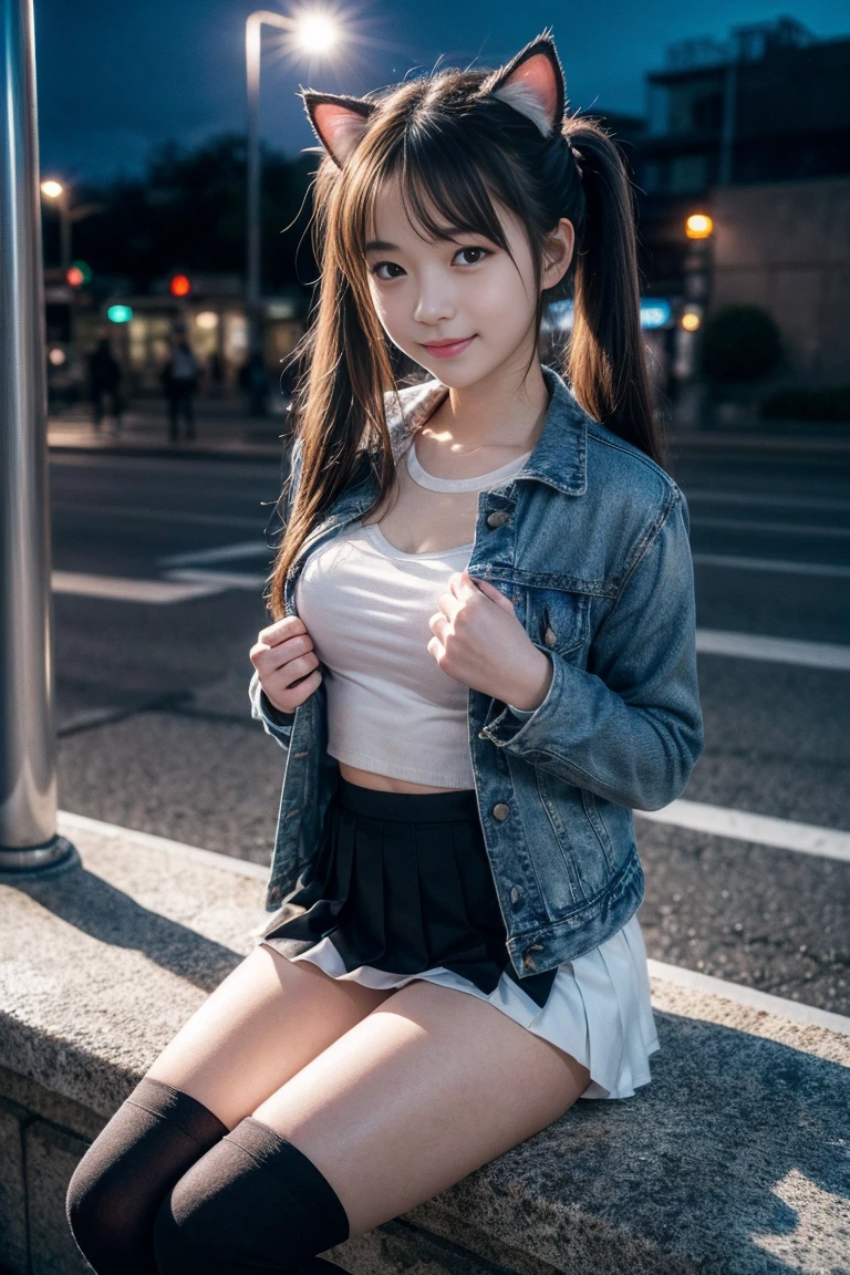 extremely detailed CG unity 8k wallpaper, best quality, ultra-detailed, masterpiece, realistic, photo realistic, extremely detailed cute girl, 20years old, (((skirt lift by myself))), (lifted by self), panties , panties focus, blush, parted lips, looking at viewer , half body shot , (crowd), (crowded lamppost) ,