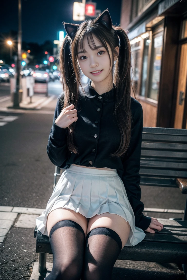 A girl whit hoodie and short skirt, Leaning on wall, city night background, night, cute and adorable, nice leg, shoes, cat is beside the girl, street lamp, lovely smile