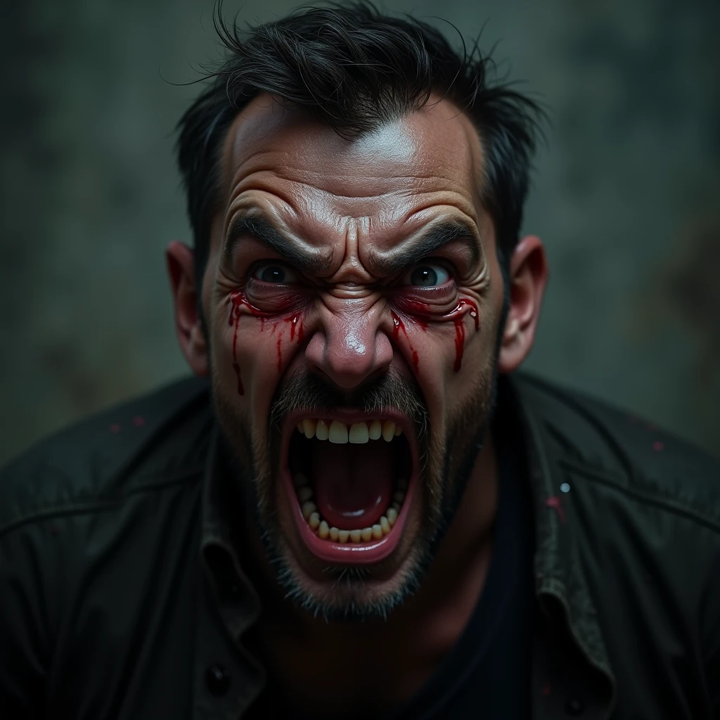Anime man with anger on his face, with tears of blood in his eyes, with red eyes and a macabre laugh pointing at the screen, with an apocalyptic atmosphere