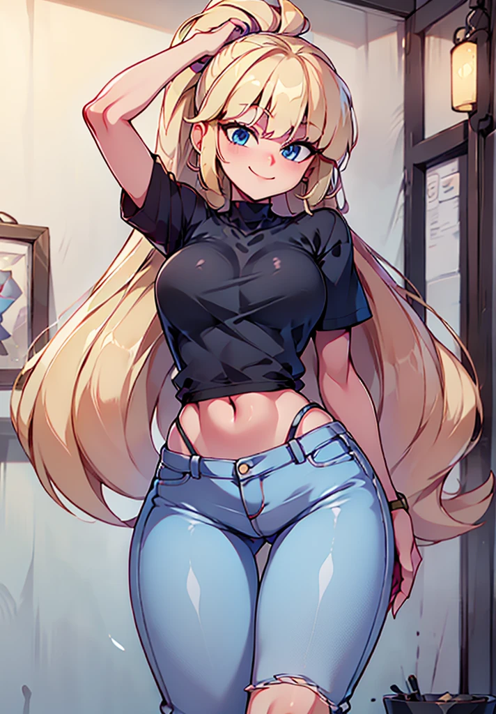(huge breasts:1.2) (masterpiece) (high quality) (best quality) (1girl), (solo), narrow waist, (looking at viewer), adorable, bedroom, black crop top, crop top overhang, jeans, light smile, tanned skin, cute, detailed face, blonde hair, ear piercing, 