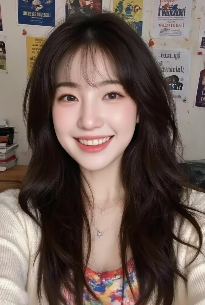 ((top-quality、8K、​masterpiece:1.3))、1girl in、（（bontage））、A smile、Slim Faces、Pretty women (long black  hair)、Full-length dresses:1.1、hyperdetailed face、A detailed eye、double eyelid、blured background、Slim Faces、lifelike face、real looking skin、Pick-up、Pick up the President , wearing a brown tunic with oversized jeans, look at camera , selfie , realistic
