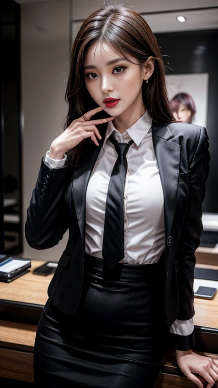 (masterpiece:1.3), High resolution, super detailed, Highly detailed CG Unity 8K wallpaper, realistic, photo-realistic, Raw photo, beautiful and detailed face, pale skin, realistic glistening skin, fine cloth texture, detailed hair texture, perfect style, beautiful face, Accurate, anatomically correct, Highly detailed face and skin texture, fine eyes, blush, Glossy skin, (Fair skin:1.2), shiny necklace and earrings, (glossy lips: 1.4), (classy and cute girl:1.3), (Random hairstyles for short hair or updo, wavy hair, black hair), (enchanting smile:1.2、blush) (wearing an elegant business suit:1.3), (black stockings), big breasts, cleavage、black lace panties、Slightly visible pubic hair、 (in the school classroom:1.2), full body shot, skirtlift、18 ~ Random age between 35 years、camel's foot