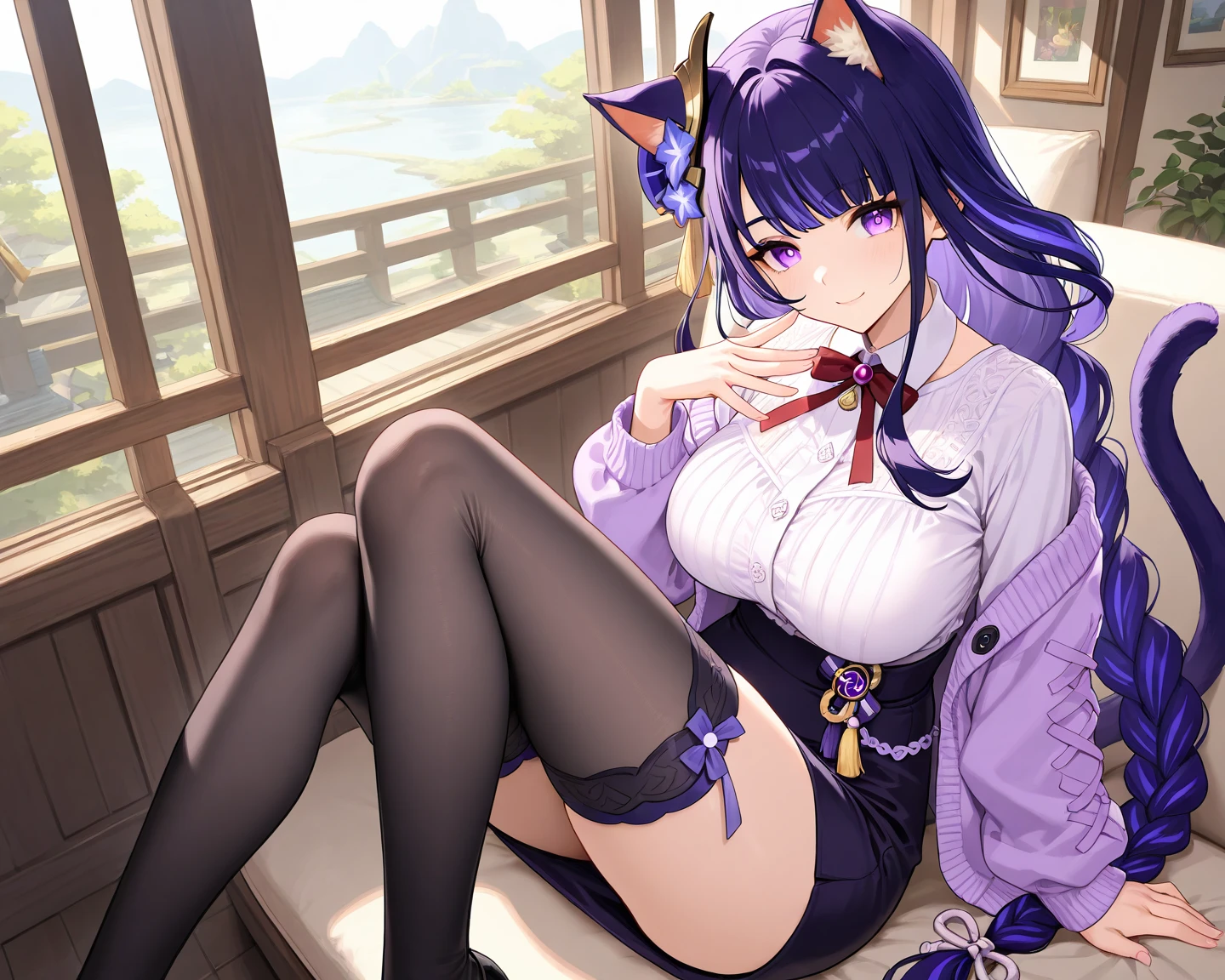 masterpiece, high resolution, high quality, shop, daytime, purple kimono, big breasts, cat ears, floral, red eyes, NSFW, black hair, ponytail