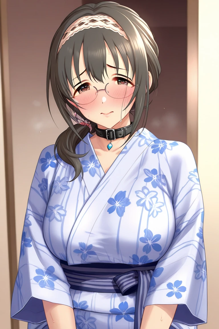 {{masterpiece}},high quality, 4K, 2D, 1 girl,{simple gray background},(attractive mature lady:1.6),milf,standing,sagging breasts,(gigantic breasts:1.5),kimono maid,front face,{{tareme}},attractive mature lady,black hair, {from right in front of face and body},View viewers from front,{front facing shot},Wear glasses,(serious:0.1)