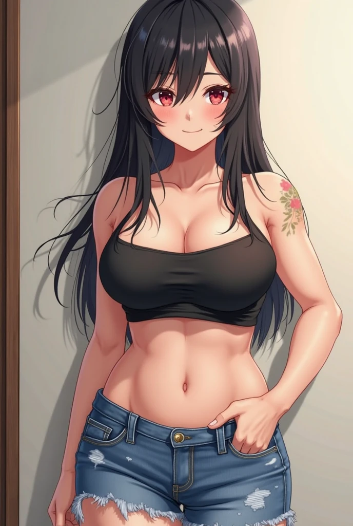 masterpiece, best quality, detailed eyes, wallpaper, sensual photoshoot, indoor, photo studio, pattern background,1girl, standing, micro bra, hotpants, cowboy shot, big breasts, black eyes,  worried,  looking at breasts, sexy outfit, sensual outfit, sensual pose