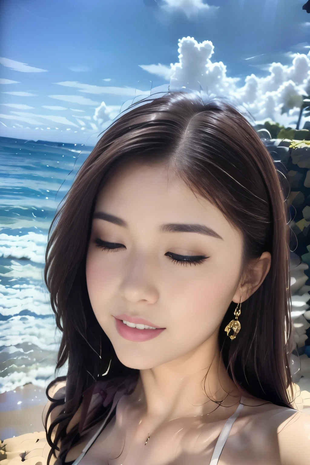 ((Highest quality, 8k, masterpiece :1.3)),model,outside,Tokyo Disneyland,Cinderella Castle,erupt,(Full Body Shot),((close your eyes)),smile,look up,Big Breasts:1.3,Saggy breasts,Dynamic pose,Looking into the camera,Red lipstick:1.2, double eyelid,(White Micro Bikini),(masterpiece: 1.3), (Maximum resolution: 1.4), (Ultra-high resolution: 1.2), Cinematic Light, Ultra-high resolution, Detailed eyes and skin, 8k resolution, Perfect Style, Beautiful expression,Highly detailed face,Glossy Lips:1.2,Straight Hairstyles,look forward to,Very tall,blue sky