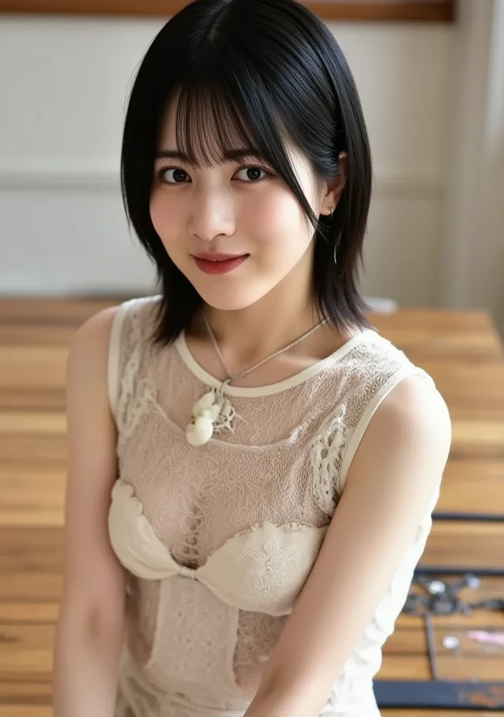 (highest quality、8K、32k、masterpiece、nffsw:1.2)、Photo of beautiful Japan woman in her 30s、very short hair、short hair、shortcut、Upper body、necklace、shot from above、don&#39;t look at the camera、(realistic、Photoreal:1.37)、1 girl、Photographed in natural light、Physically based rendering、excellent image quality、High resolution、1080p、(Detailed facial description)、(Detailed explanation of hands)、(Detailed CG)、Rich details、(exquisite features)、(best image quality)、(masterpiece)、(fine eyes)、delicate clavicle、Various poses、profile、white wall、Taken in front of the white door、(A room with a white wall and a window)、earrings、laughter、spring clothes、((Black long sleeve dress))、look down、face down