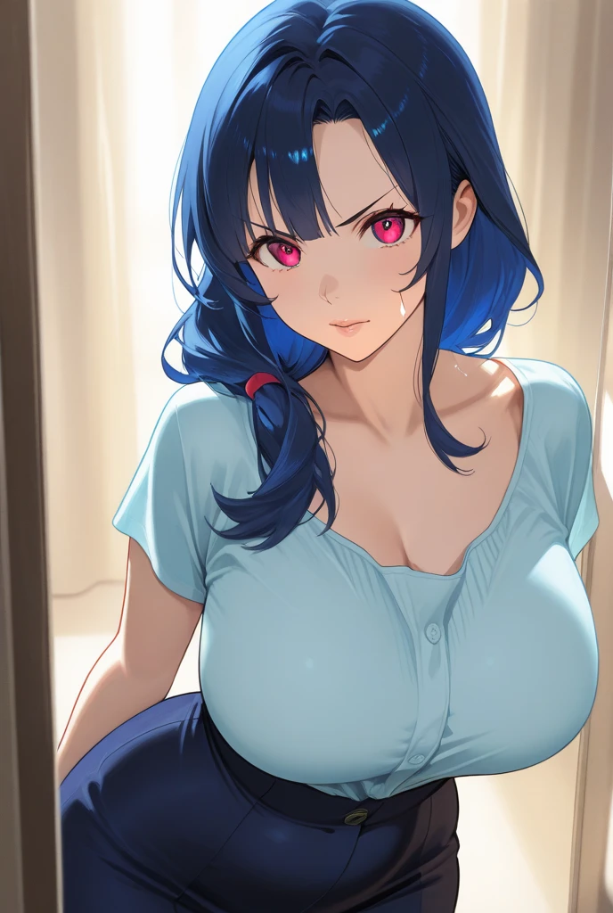 1girl, izumi_nase, blue hair, short hair, purple eyes, jewelry,pearl necklace,
BREAK wearing white suit,red and white jacket,red and white outfit,gloves,red and white bodysuit, cleavage cutout,
BREAK looking at viewer, show off breasts, take off clothes and show off breasts, chest protruding pose, 
BREAK indoors,
BREAK (masterpiece:1.2), best quality, high resolution, unity 8k wallpaper,NSFW ,(illustration:0.8), (beautiful detailed eyes:1.6), extremely detailed face, perfect lighting, extremely detailed CG, (perfect hands, perfect anatomy),