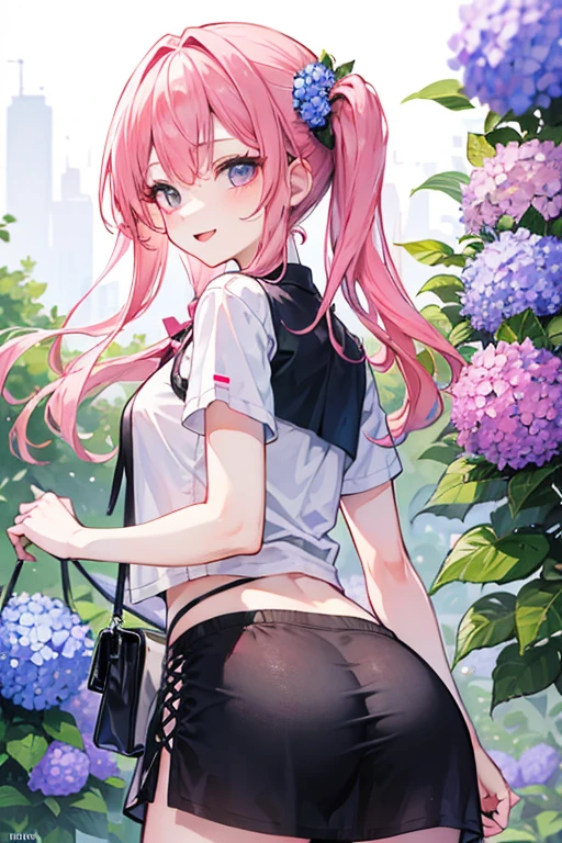 Young woman, , bunny ears, Blue eyes, pink hair, pulled back into a ponytail, White shorts, oversized pink t-shirt, sports, в sports зале, against a barbell, covered chest, rod, emphasis on the face, quality face, Beautiful face, HD