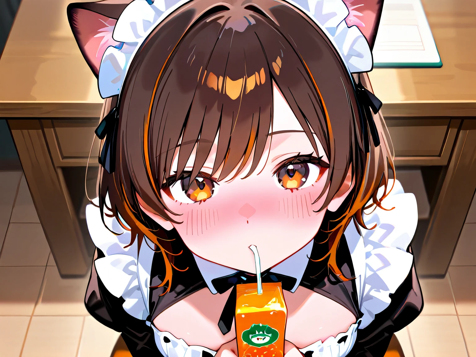 Cat ears　Girl　brown hair　short　Maid Outfit　brown round desk　 a calm afternoon 　smaller breasts　一人のGirl　blush your cheeks　holding juice　Sit on a chair　Highest Quality　masterpiece