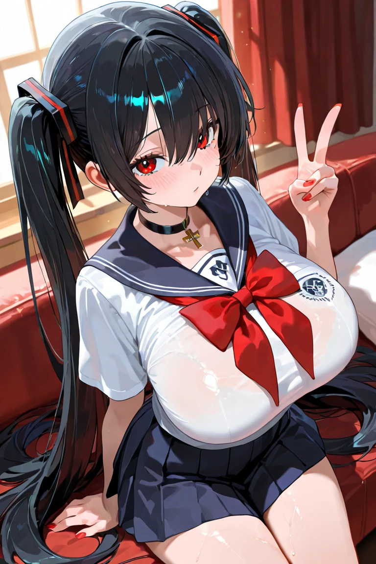 takeda hiromitsu style, , Niijima Sae (Persona 5),Silver Hair,Twin tails Pink eyes,Anime Cel Style, highest quality, High resolution, (Huge breasts:1.4), blush, Embarrassing, smile,Sailor Warrior Uniforms,The whole body is sweating,Big Breasts,Big Ass,Thick thighs,Bow legs,Ahegao,Sticking out tongue、Penis above the eyes,.POV amazing penis,Blue hair twintails,Latex sailor suit,Blowjob gestures,Deepthroat POV
