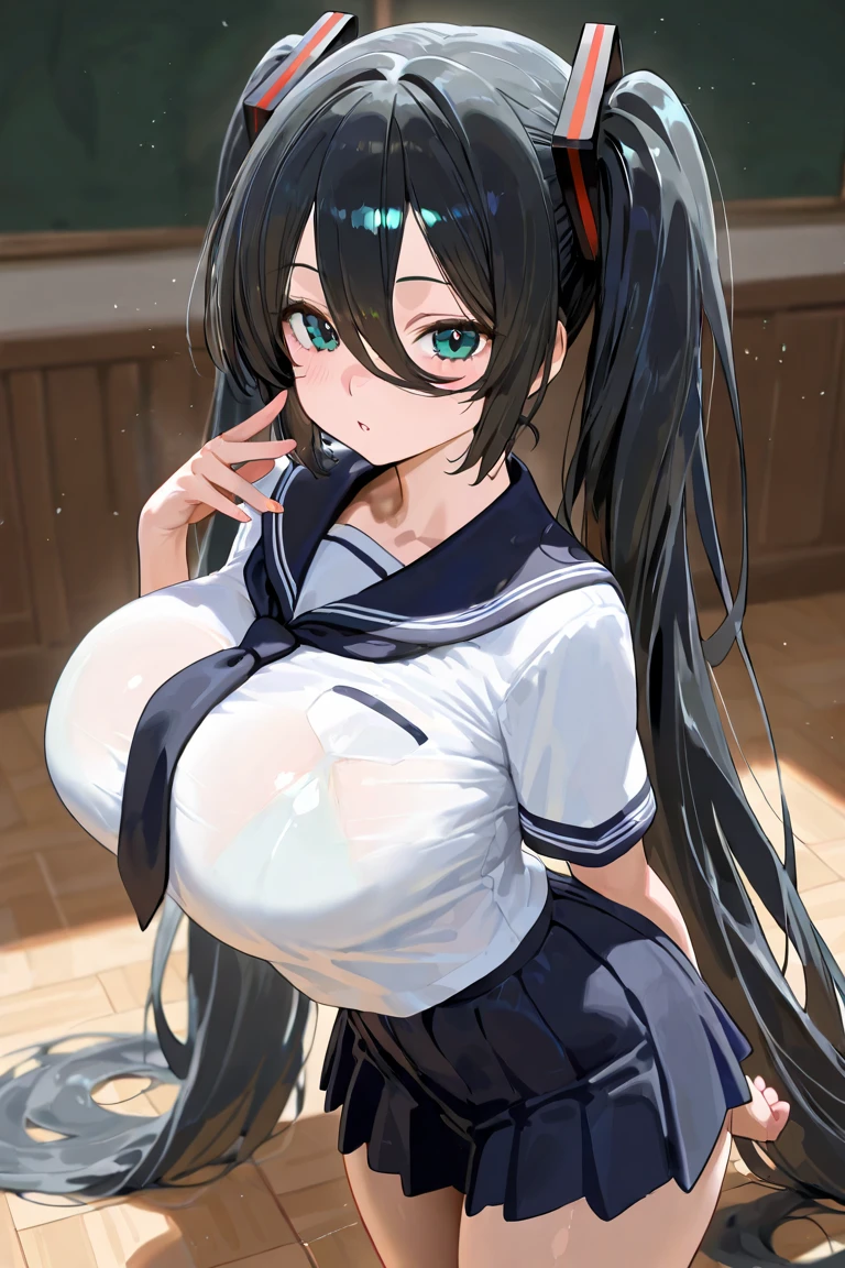 (8K, Best quality, tmasterpiece:1.2),\(eye detailed\),(\(Clothes detail details\)\),full bodyesbian,(huge tit),(Facial focus) ,Very detailed CG unity 8K wallpaper,hugefilesize,ultra - detailed,A high resolution,absurderes,beautidful eyes,Ray traching,dramatic shadow,finely detailled,Dramatic angles,Hyper-detailing,(1 girl:1.3),(Solo),,Mature female,Long hair black,Green eyes,Wearing(cosplaying_magical girl,very cute blue dress with ruffles,Large Ribbon Bow Tie Back),