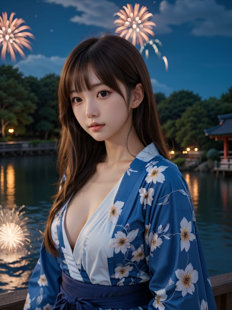 (8K、top-quality、masterpiece:1.2)、(reallistic、Photorealsitic:1.2)、Large fireworks set off in the night sky、Sit on the boat and watch the fireworks display, ((pantyshot)),Woman in navy blue yukata, Pink obi、(Sexy yukata with open breasts and cleavage visible)、blondehair、11 years old Japan girl、Look at viewers, H Cup Bust、Sexy body、You can see the night view across the river