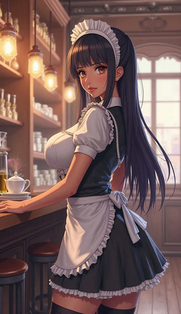 (Highest quality, 8k, masterpiece:1.3,beautiful girl), (masterpiece:1.3, Highest quality, Ultra-high resolution, Very detailed),Beautiful body, Beautiful breasts, Beautiful thighs, Beautiful feet, Beautiful fingers, Glowing Skin,(((Long Hair,Black Hair,Beautiful Hair))),(Perfect Anatomy, Anatomically correct, Very detailed肌), Cute and symmetrical face, Perfect Face, Perfect Eyes, ((Perfect Fingers, Five Fingers)), (((whole body,Draw the whole thing)))((Two Arms,Two legs)),(((Cafe, waitress))),mini skirt,head band,Sexy Breasts,