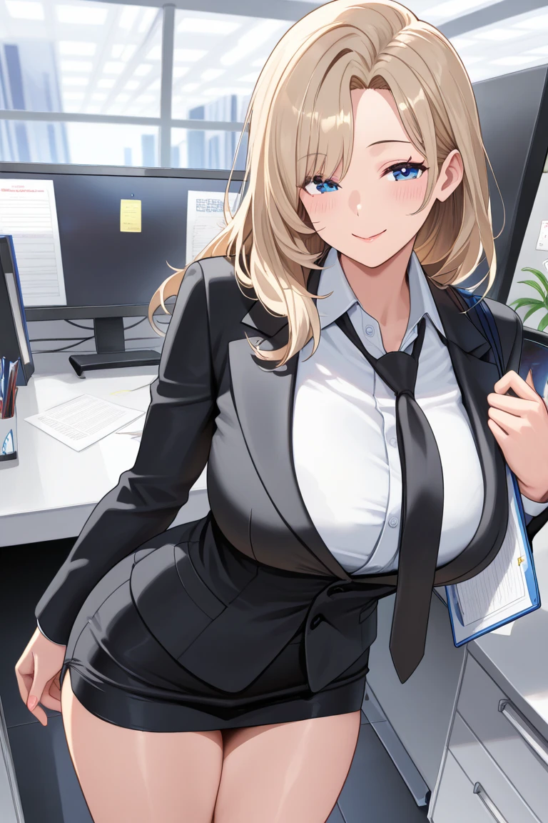 1girl, ultra high res, large chest, cleavage, shorts, office lady
