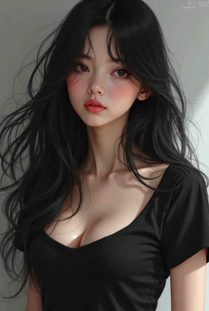 A beautiful young girl with pale skin and black hair, with reddish eyes, big breasts and a beautiful face.Masterpiece artwork, best qualityer, High details, HD Model
