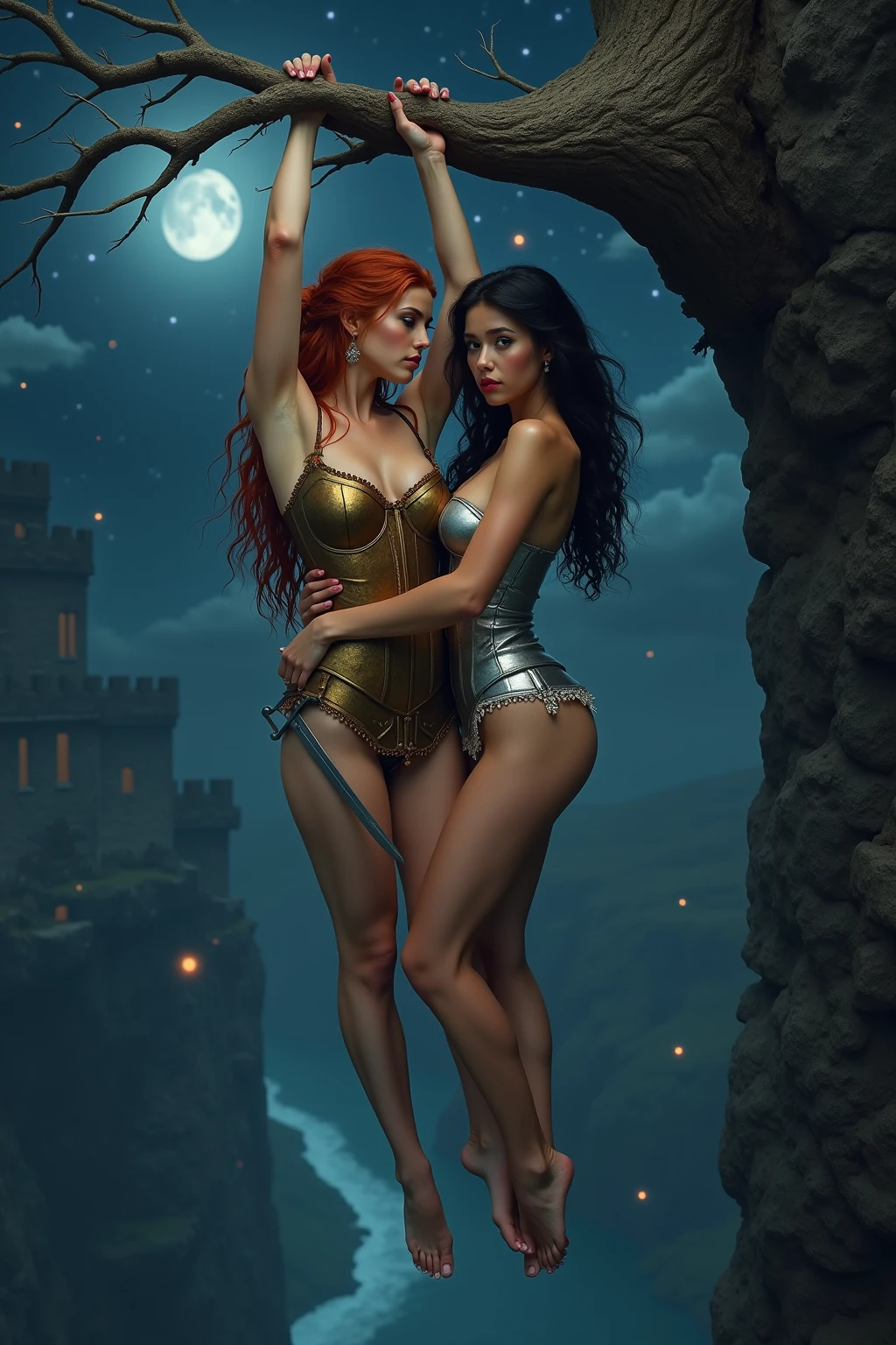 angela, ((orange hair, long hair, big hair, forehead protector, glowing white eyes, no pupils,  shaded face, wide eyes, lipstick, makeup, narrow waist, skinny, medium breasts, alone)), pelvic curtain, ((white bikini)), full body, perfect body, (insanely detailed, beautiful detailed face, masterpiece, best quality) , (((solo))), (((1girl))), (((mature))), (extremely detailed 8k paper CG wall unit: 1.1), (swimming pool, dusk), (smile face for the viewer), Sitting on the edge, cameltoe view, cameltoe, below