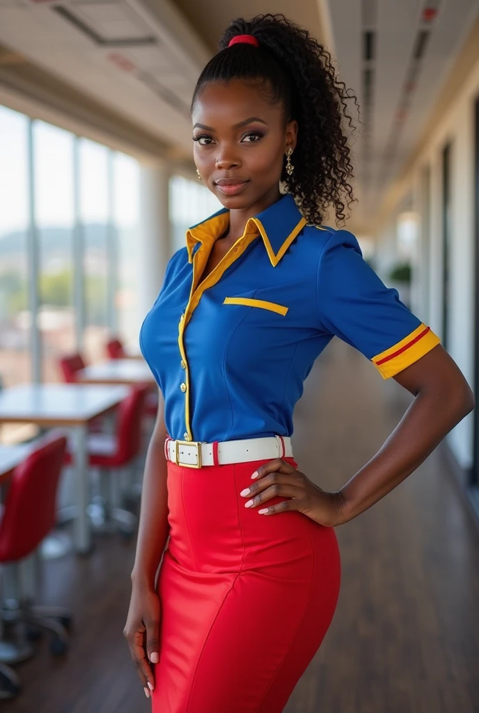 1 Afrobrazilian mistress, dressed like a lawyer, female lawyer, sitting at a work table, working on documents, looking to the viewer, from below