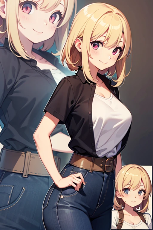masterpiece, Highest quality, High resolution, (Artificial Human Room No. 18),1990s \(style\),(E-cup beautiful breasts)、height: 170cm,Sweating all over the body、vapor、Muscular、((sexy))、(nsfw),M-shaped legs,Sweaty、独奏,Anime-style painting style, blonde hair, Blue eyes, belt, jeans, pearl_necklace, bracelet, black gloves, white shirt, short hair, short sleeves, earrings, blue pants, open vest, black vest,middle breasts、Composition focusing on the upper body,(Cool face)、Pointed eyes